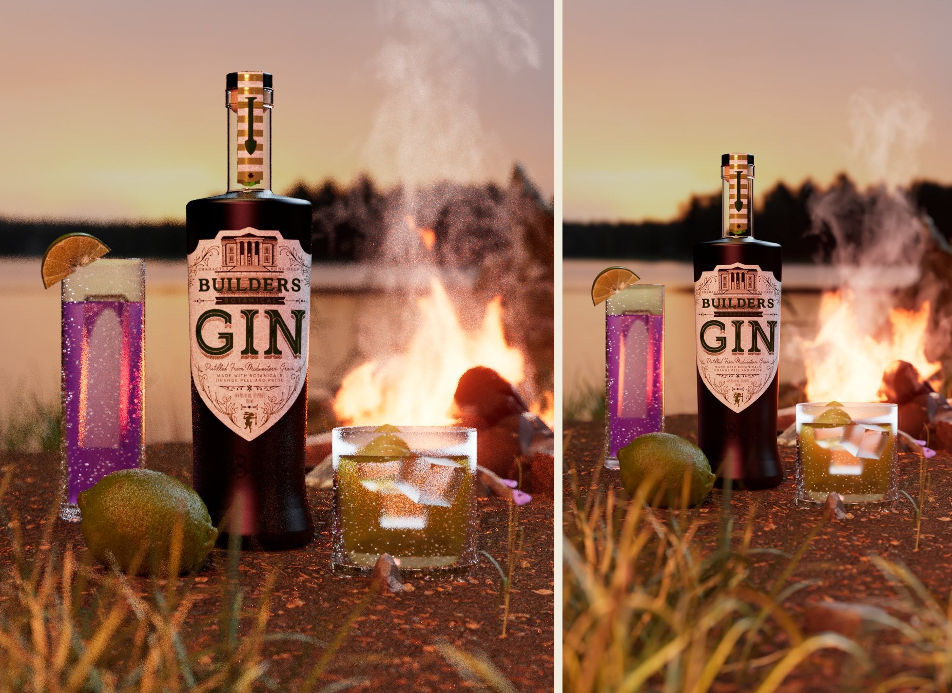 Two frames side by side: an early 4:5 pass of the campfire set and the final 9:16 frame, with the bottle larger and the fire and smoke fuller
