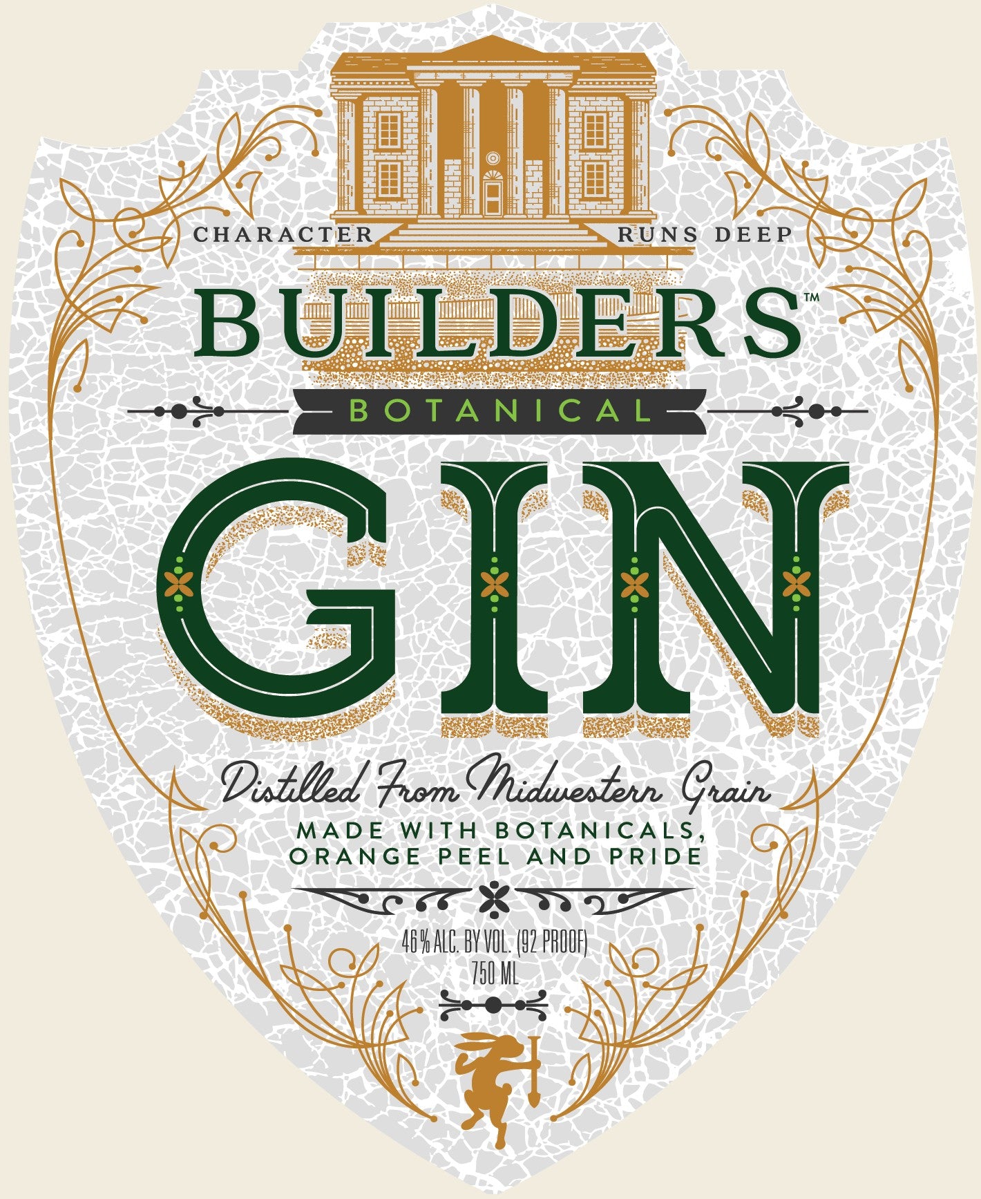 The flat Builders Botanical Gin front label: a gold building crest over the words Builders Botanical Gin in green slab type on cracked cream paper