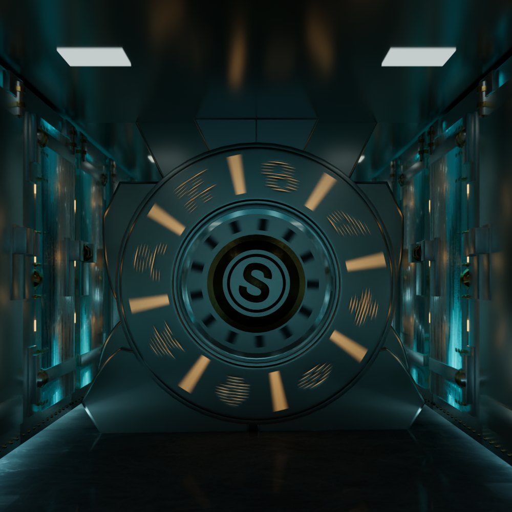 The vault dial mid-spin: twelve brass-lit channels and blurred glyphs circle the dark S hub