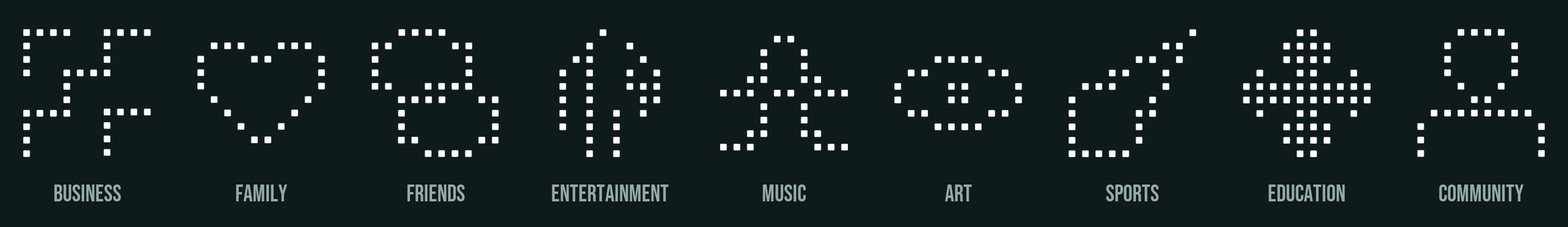 SLCKET's nine category icons in white dot-matrix style: Business, Family, Friends, Entertainment, Music, Art, Sports, Education, Community