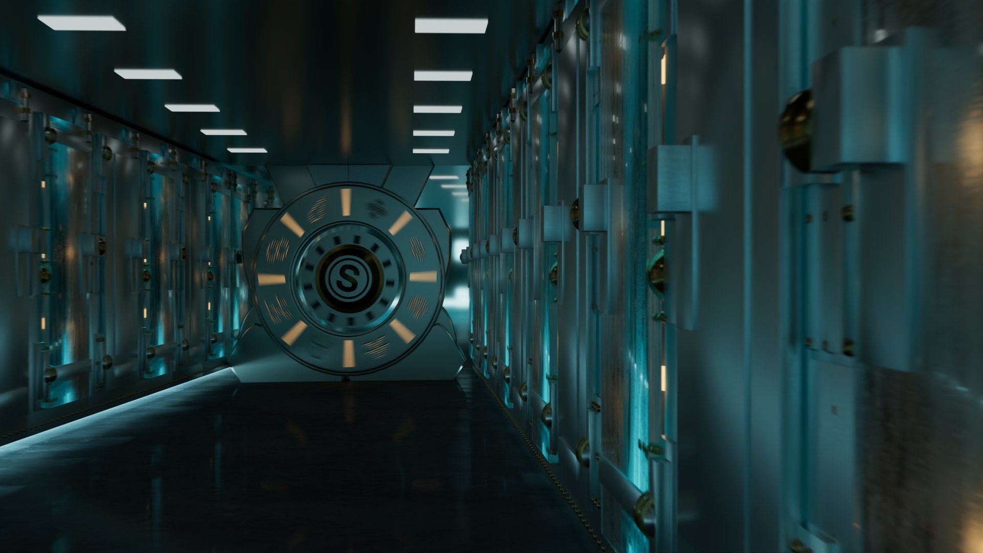 The corridor from the right side: soft out-of-focus locker doors in the foreground, the dial lit brass at the far end