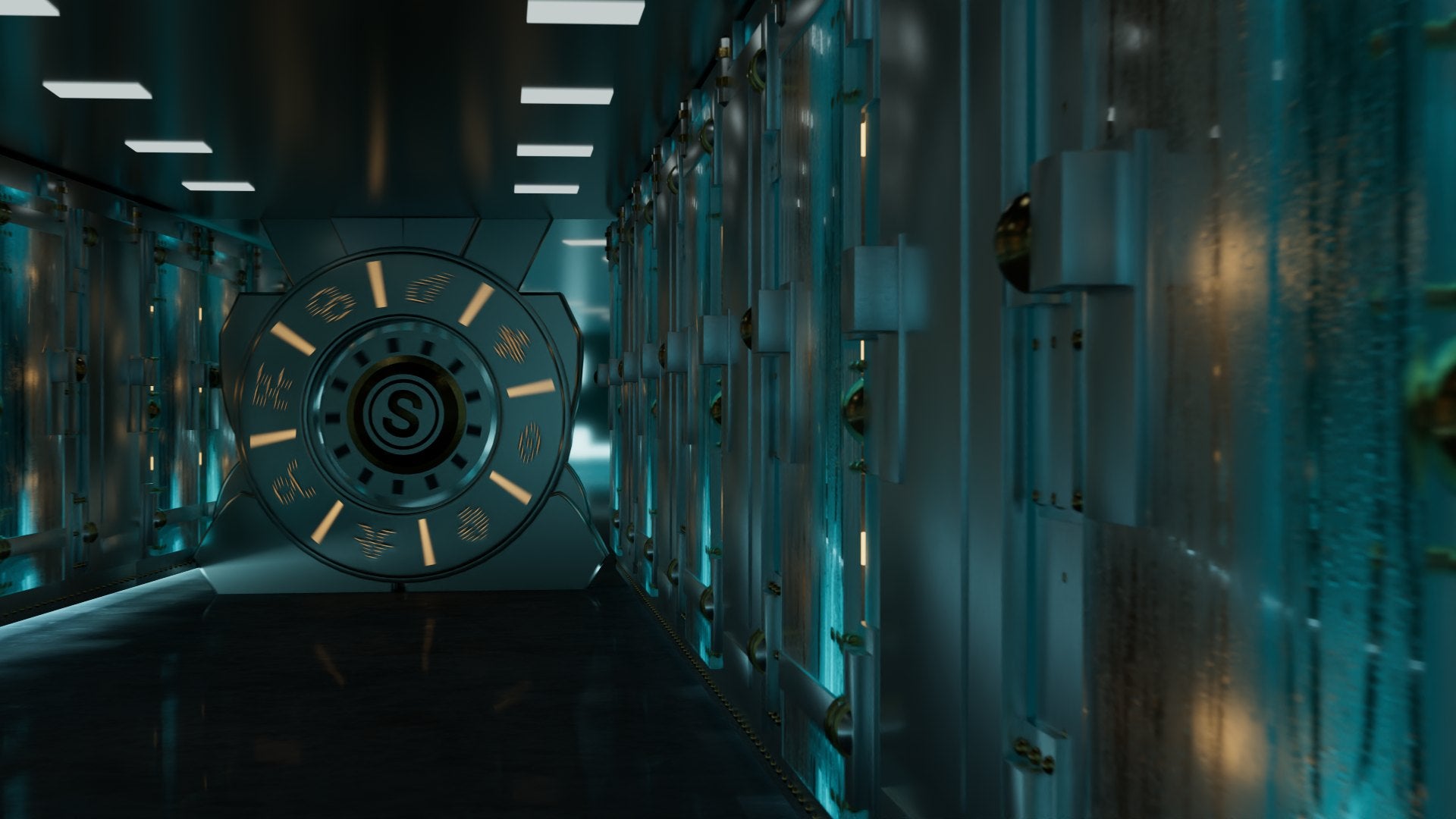 Closer to the dial, the glyph channels glowing while warm practical lights flicker behind the locker doors on the right