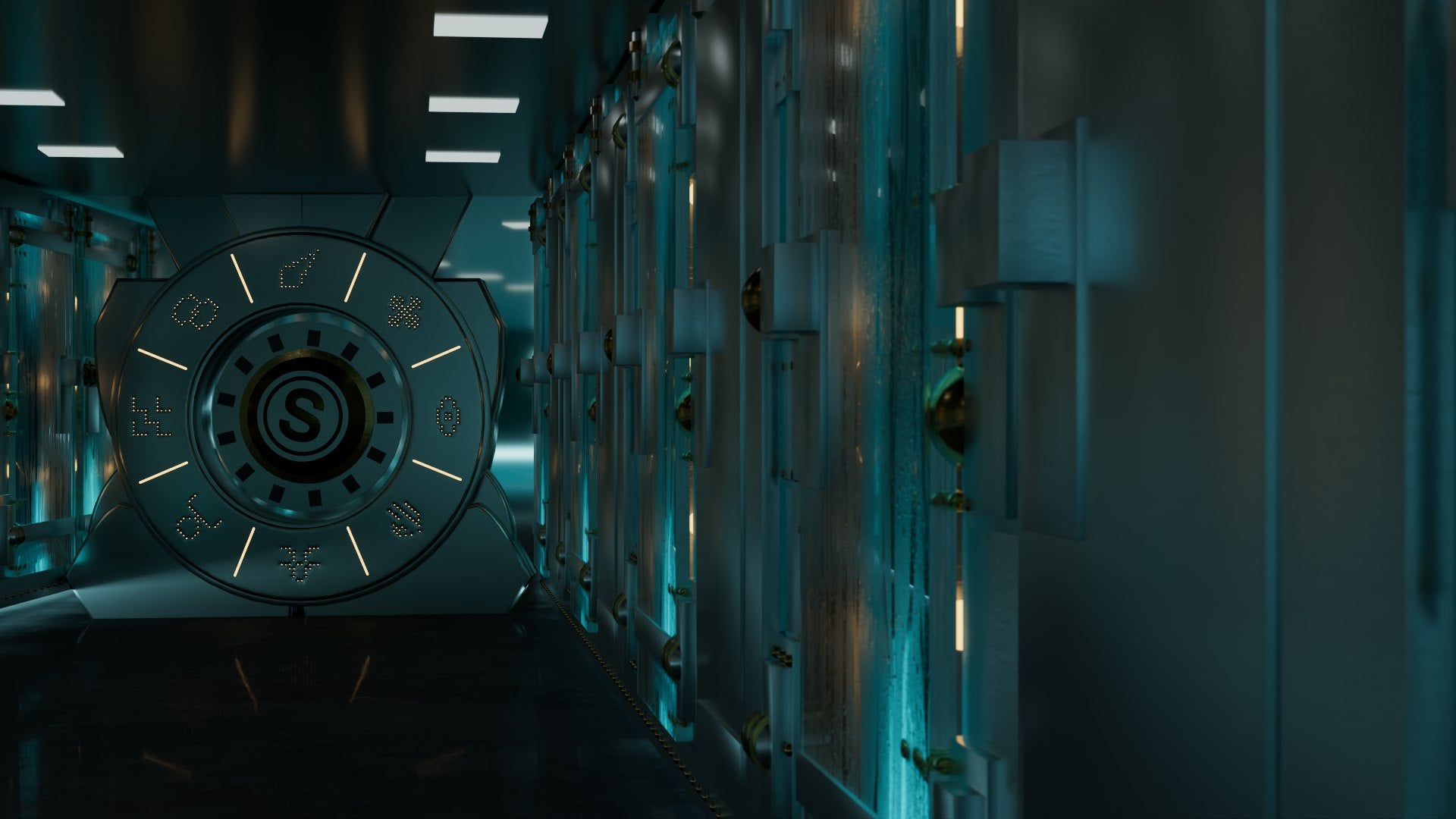 The final frame: the dial settled on the left with its engraved glyphs, the corridor open on the right