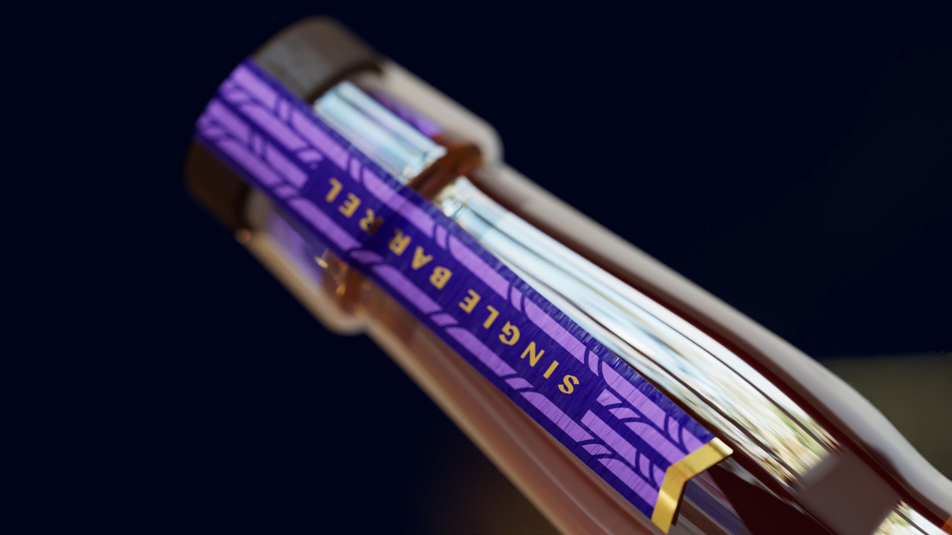 The rye neck from below, the purple Single Barrel strip running down the glass