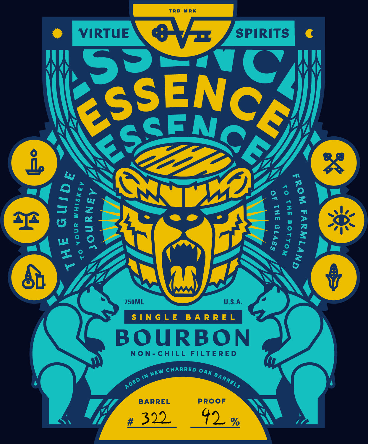 The flat bourbon label: a gold bear's head inside a barrel, ESSENCE in gold, teal ground, two standing bears, Single Barrel Bourbon