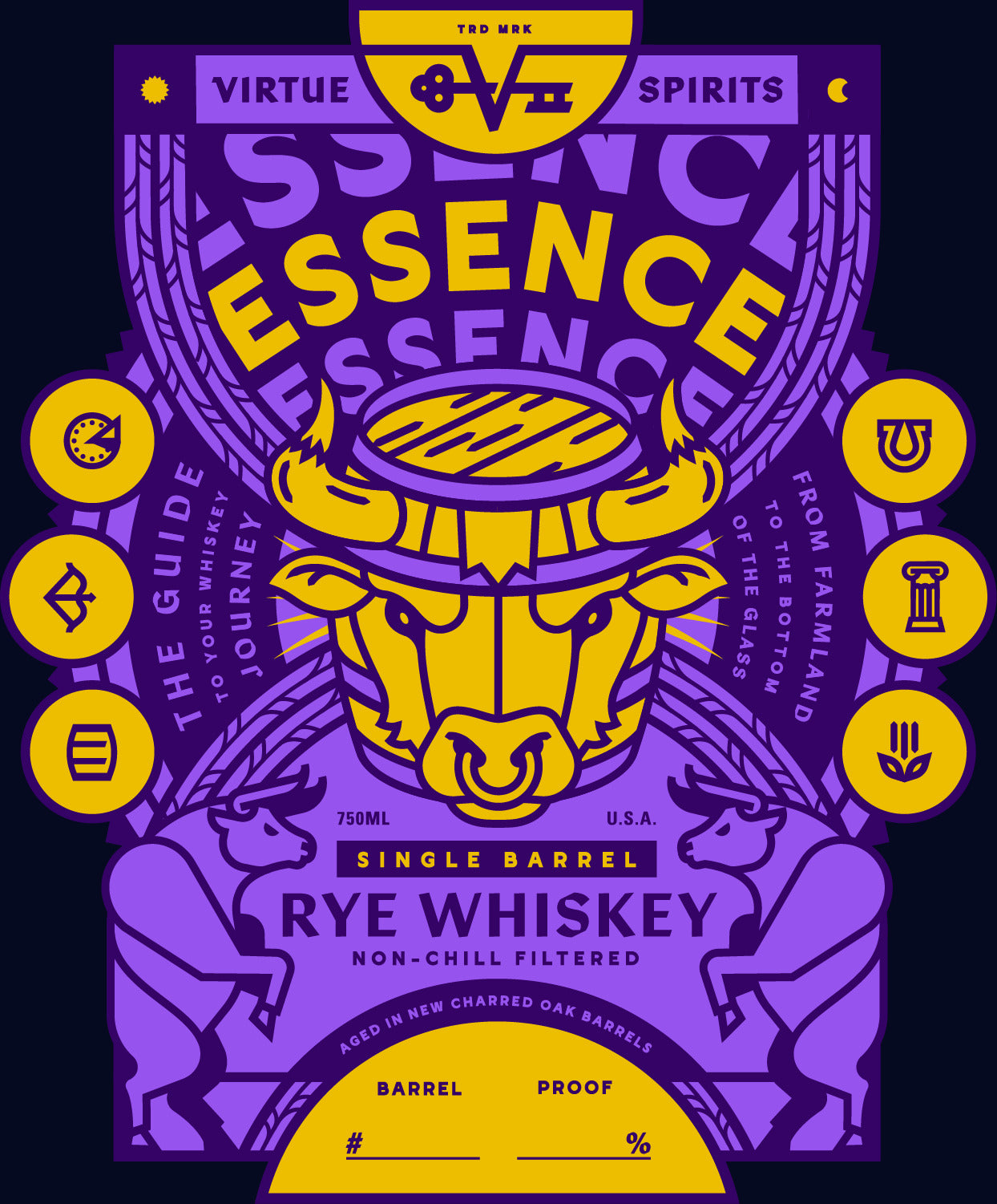 The flat rye label: a gold bull's head inside a barrel, ESSENCE in gold, purple ground, two rearing bulls, Single Barrel Rye Whiskey