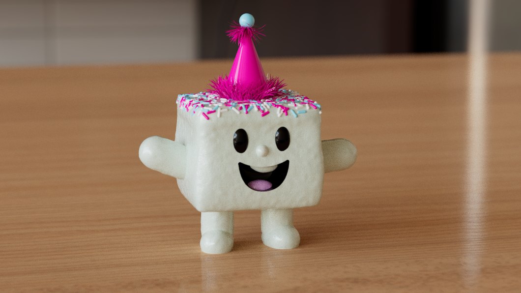 A white marshmallow character in a pink party hat standing on a wooden desk.