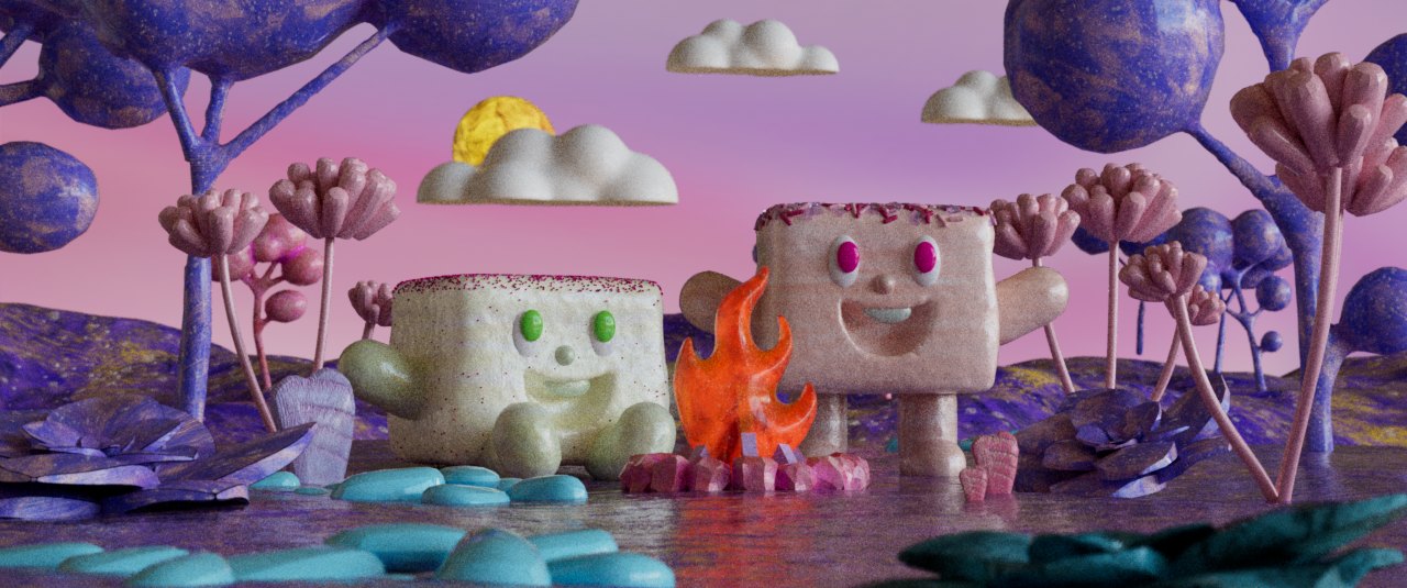 Two marshmallow characters by a campfire under lilac trees and a pink evening sky.