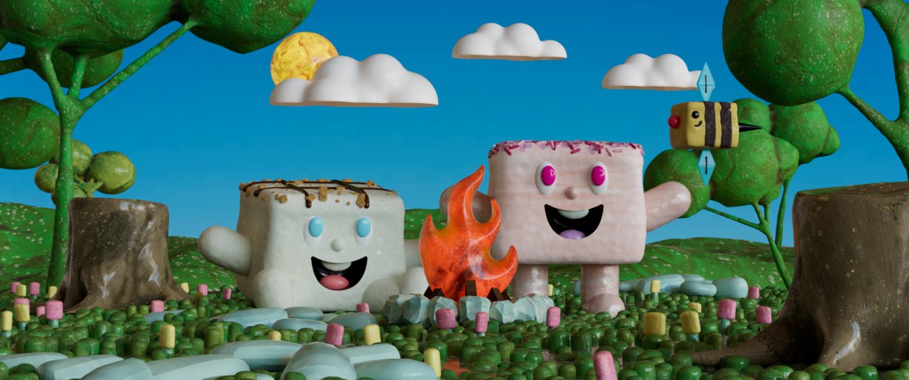 Marshmallow characters by a campfire in a green meadow with round trees and a bee flying past.