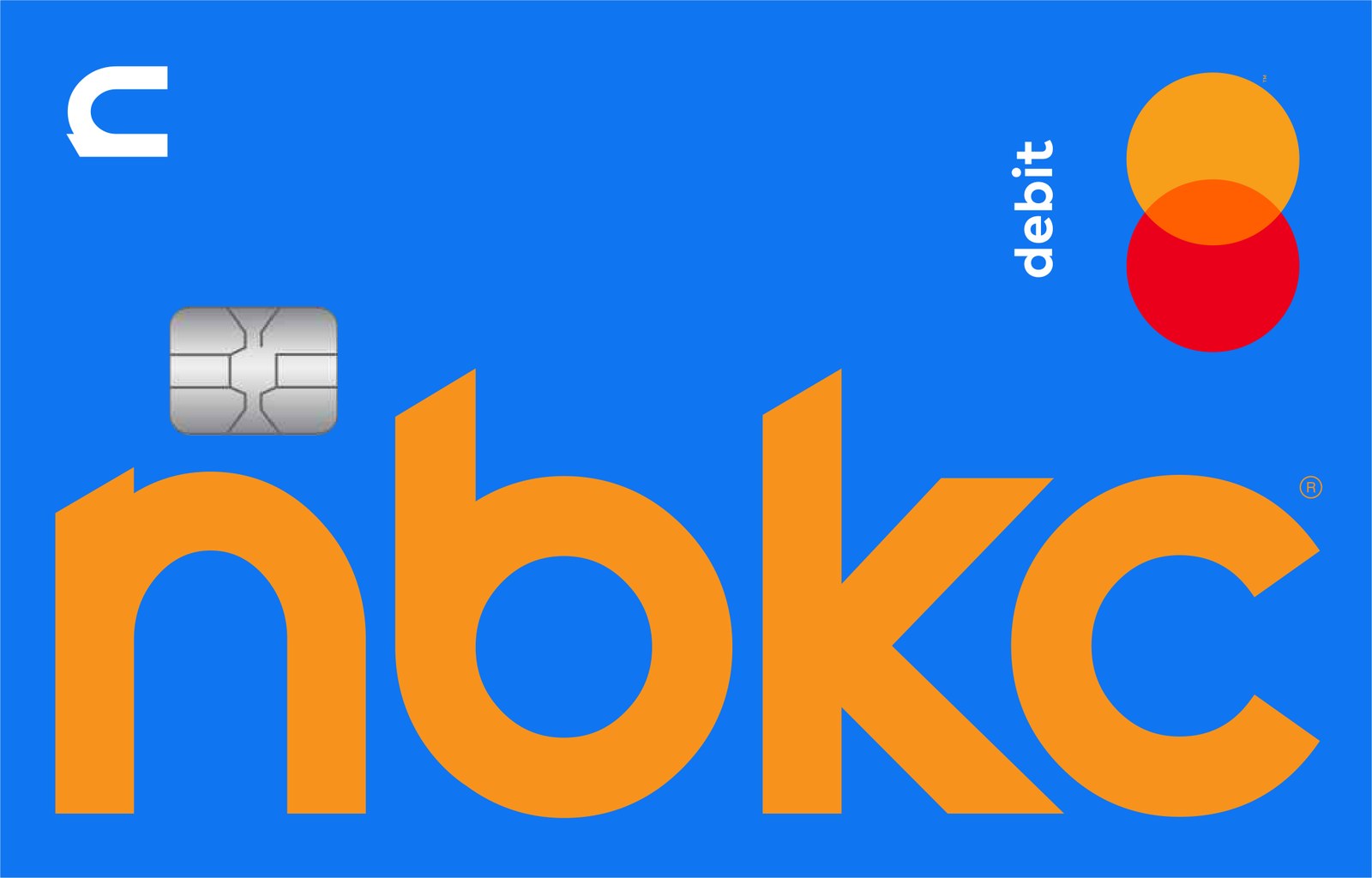 Printer's proof of the personal card front: nbkc blue with the wordmark in orange marking the gloss layer, chip, the n mark, the word debit and the Mastercard logo