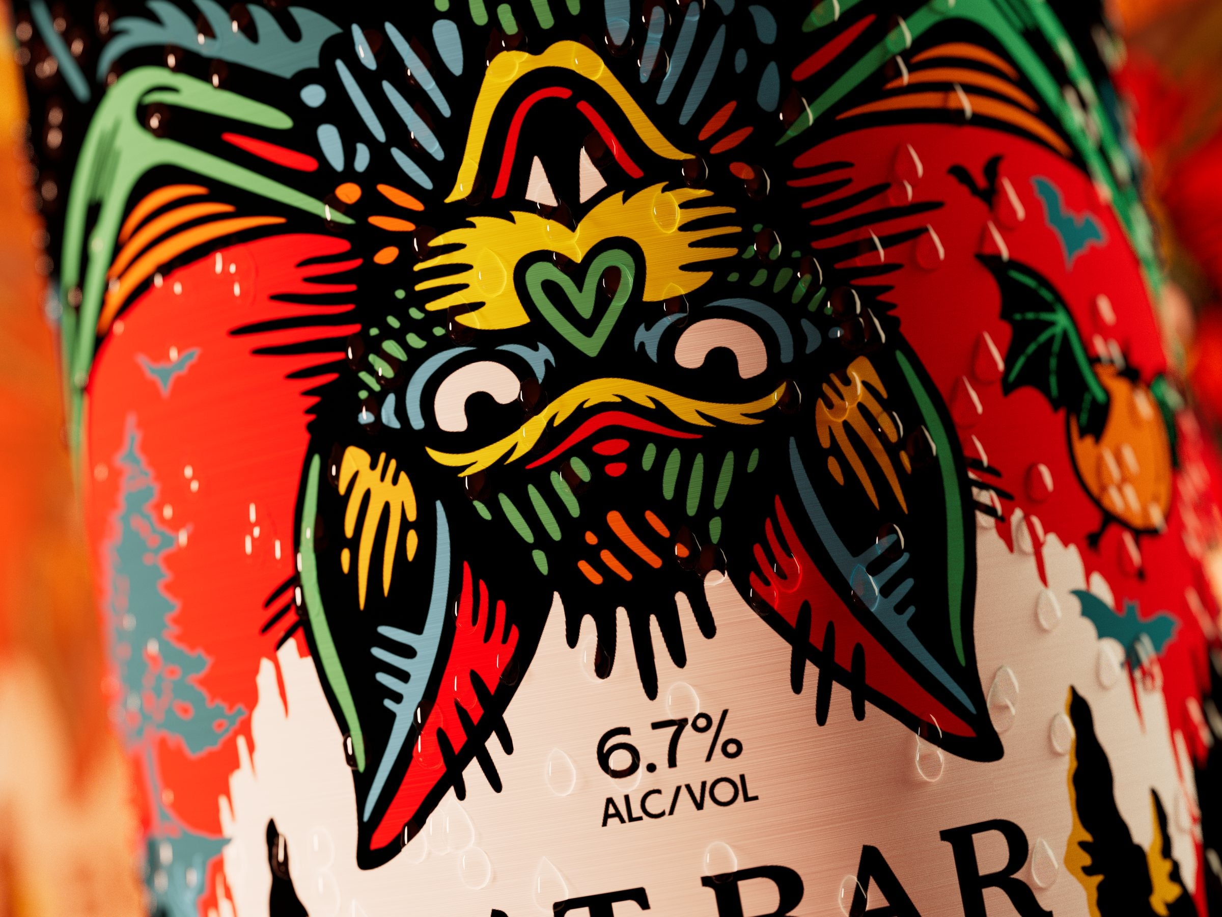 Macro of the Bloody Bat label: the bat's face, a heart nose and 6.7% alc/vol.