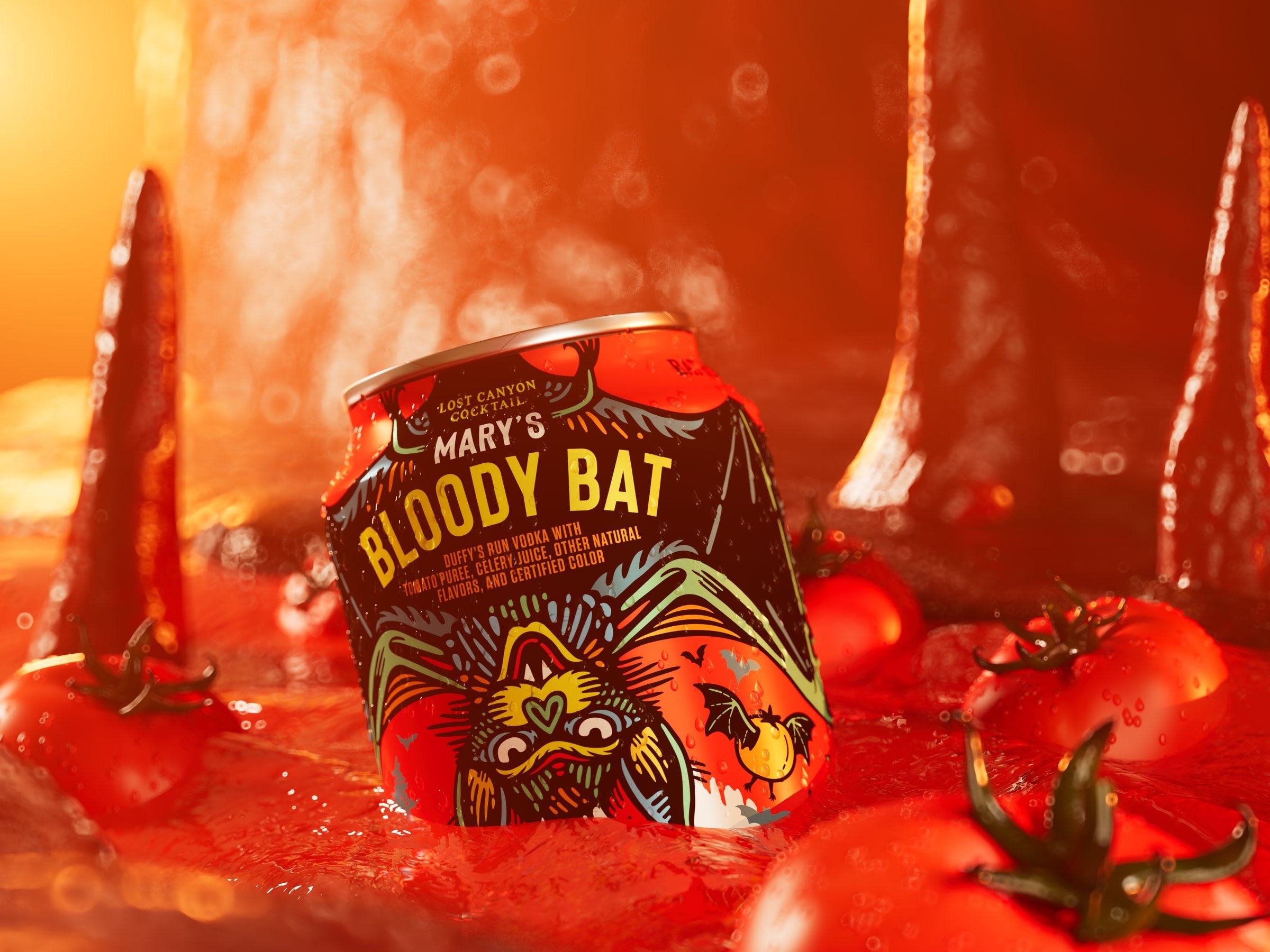 A Mary's Bloody Bat can lying in a shallow river of tomato juice among tomatoes.