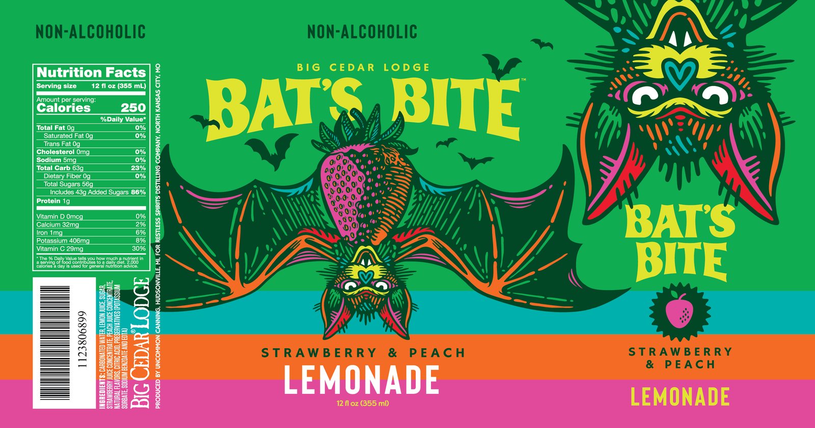 The flat Bat's Bite label in green, pink and orange stripes with a strawberry bat.