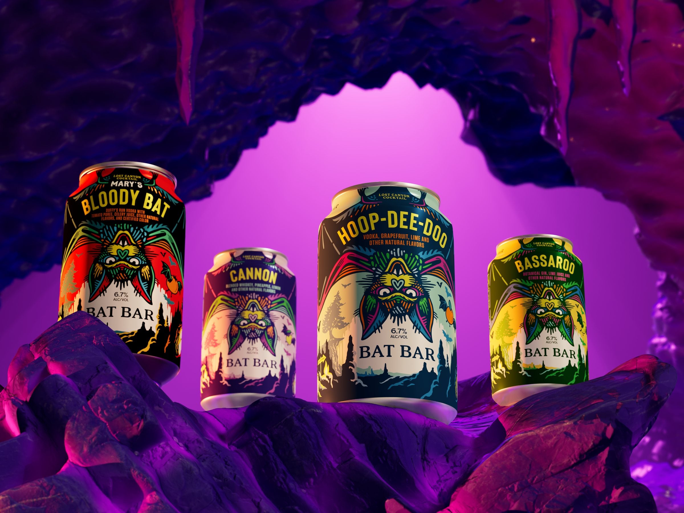 Four Bat Bar cans, Mary's Bloody Bat, Cannon, Hoop-Dee-Doo and Bassaroo, on violet rock under a glowing cave arch.