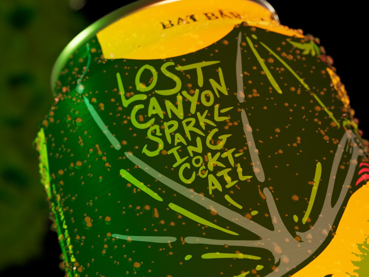 Macro of the can's back: Lost Canyon Sparkling Cocktail hand lettering under condensation.