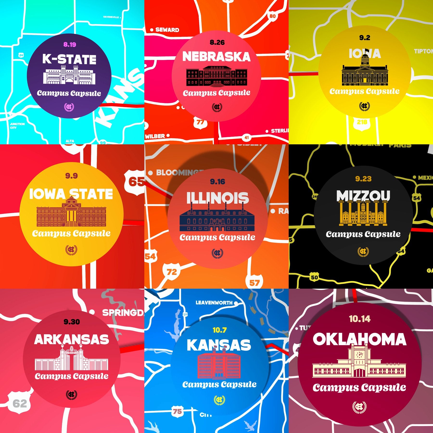 Nine closing frames in a grid, each a campus badge in school colours with its drop date: K-State 8.19, Nebraska 8.26, Iowa 9.2, Iowa State 9.9, Illinois 9.16, Mizzou 9.23, Arkansas 9.30, Kansas 10.7, Oklahoma 10.14
