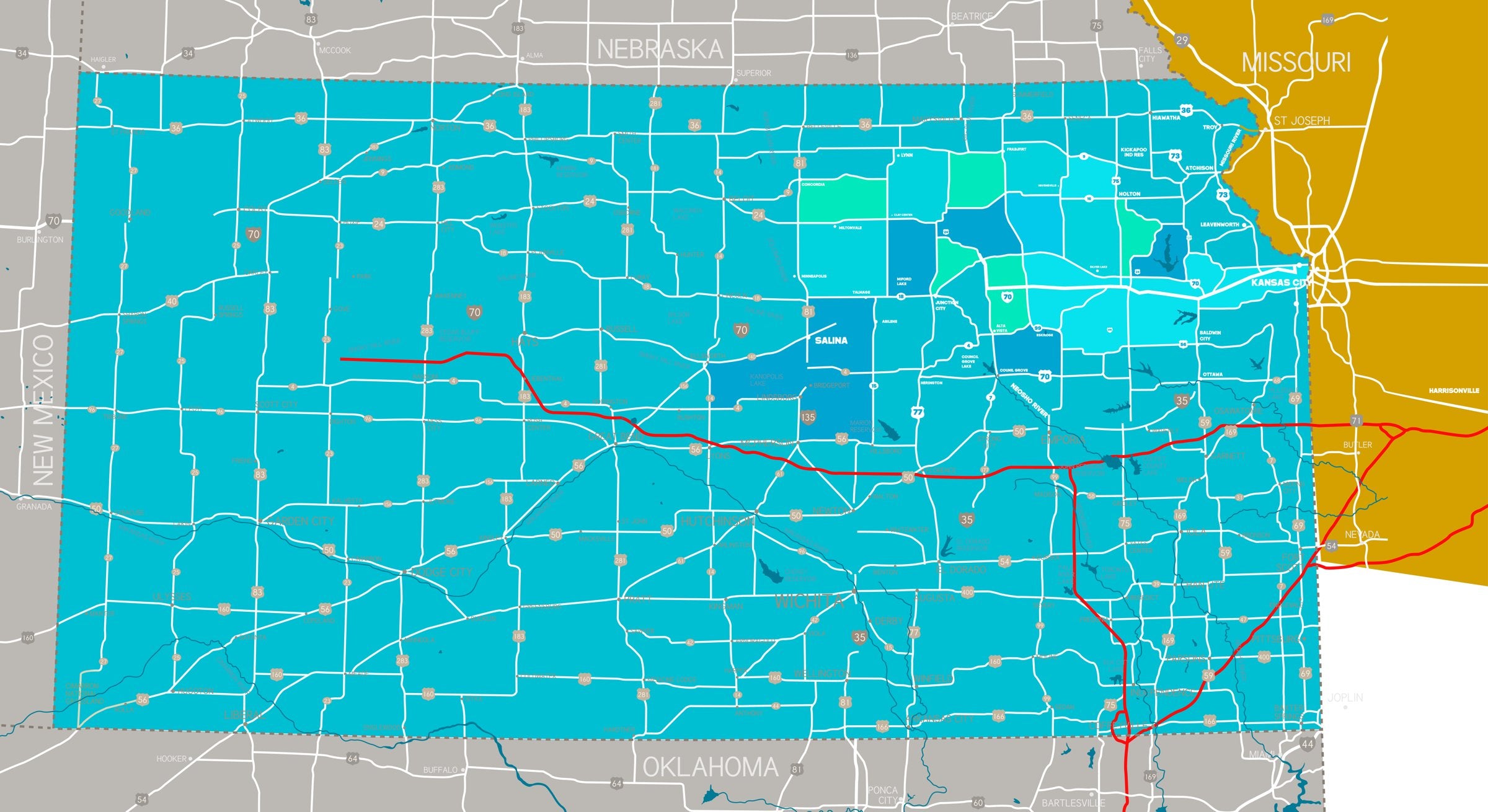 The flat Kansas map: cyan state with white roads, the I-70 corridor, and Missouri in gold