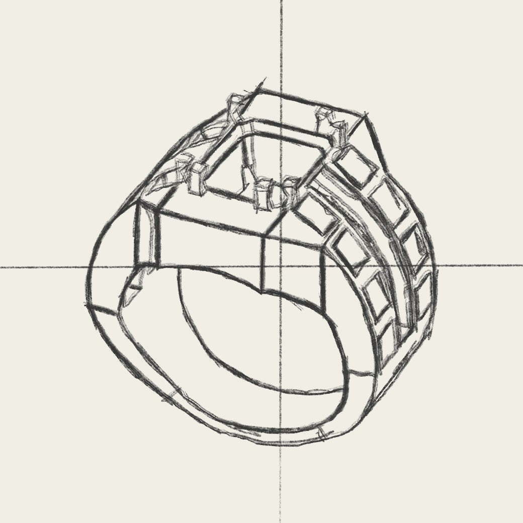 A pencil sketch of a chunky ring with an open grid band, drawn on a crosshair.