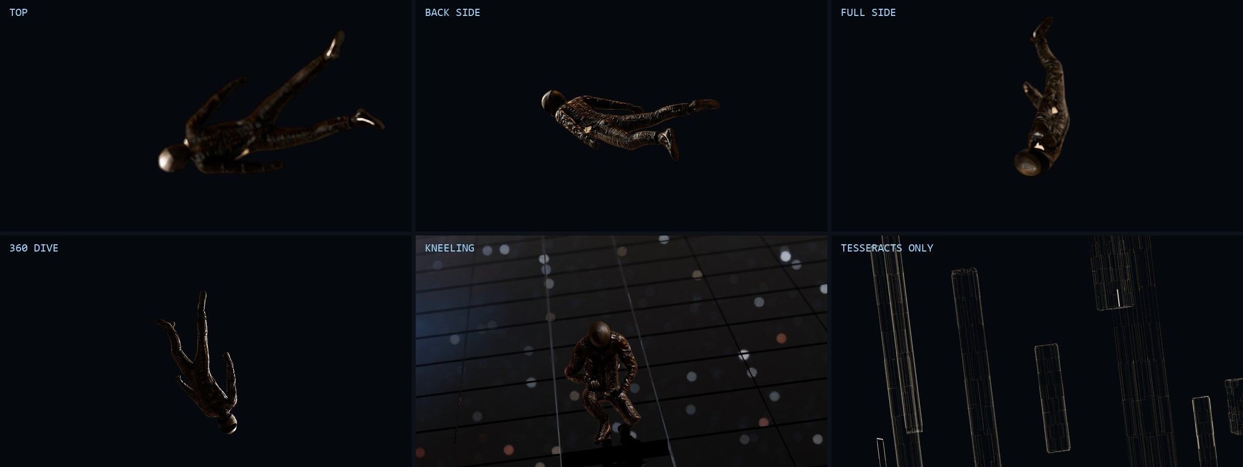 Six raw render passes: top, back side, full side, 360 dive, kneeling on the grid, tesseracts only
