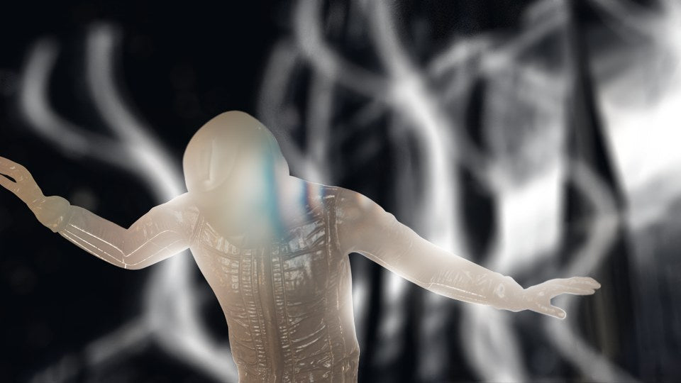 First falling test: a white-suited figure in soft focus