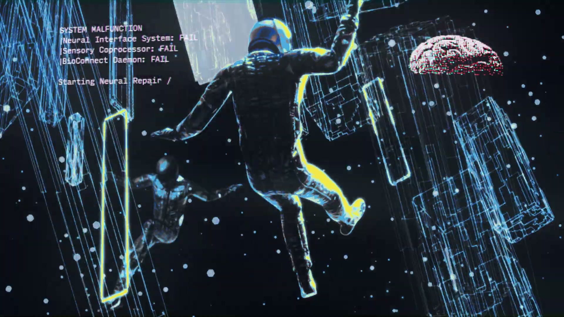 Several copies of the falling figure in different poses among blue light trails