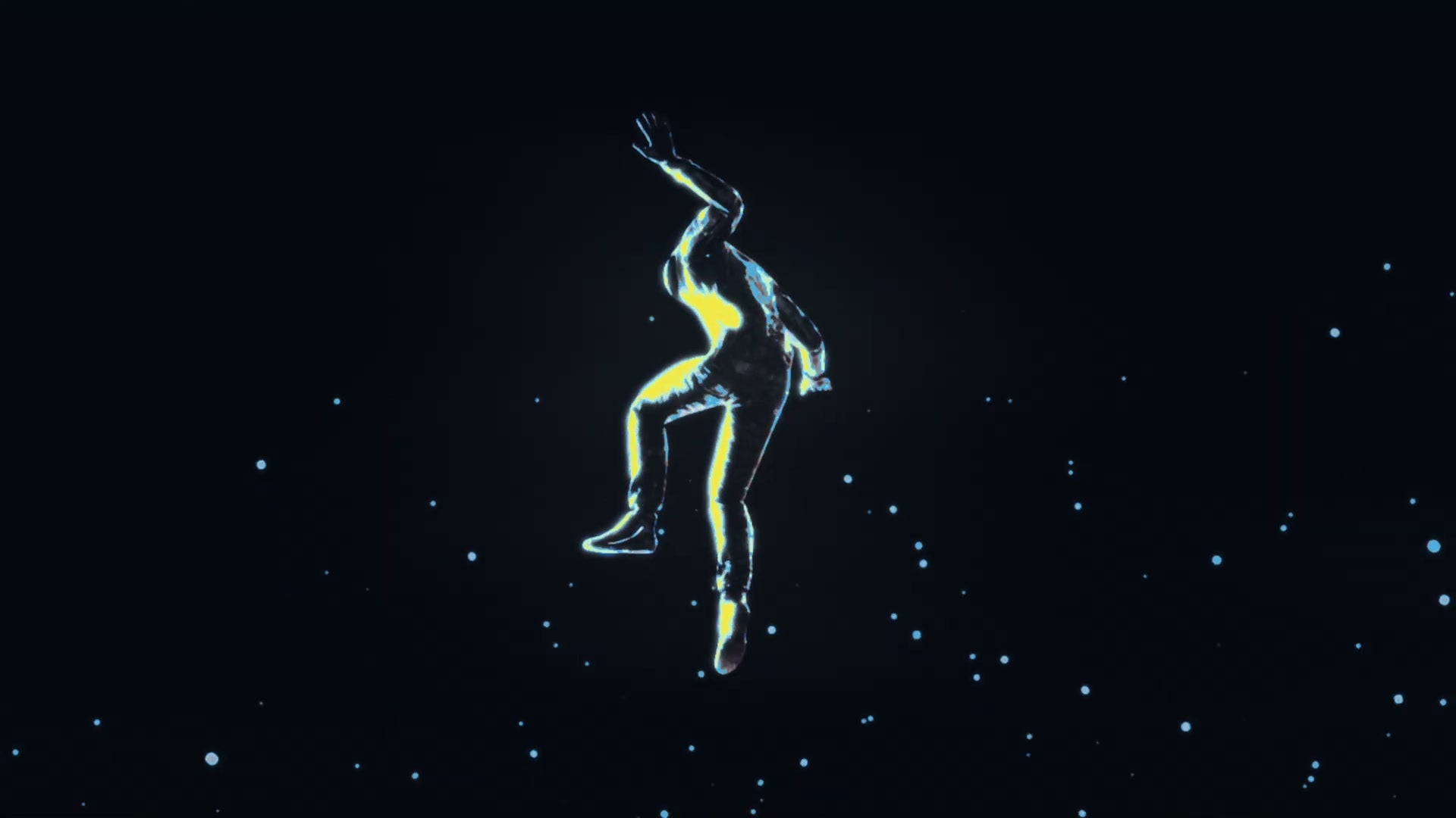 The figure appears in the dark, edged in light