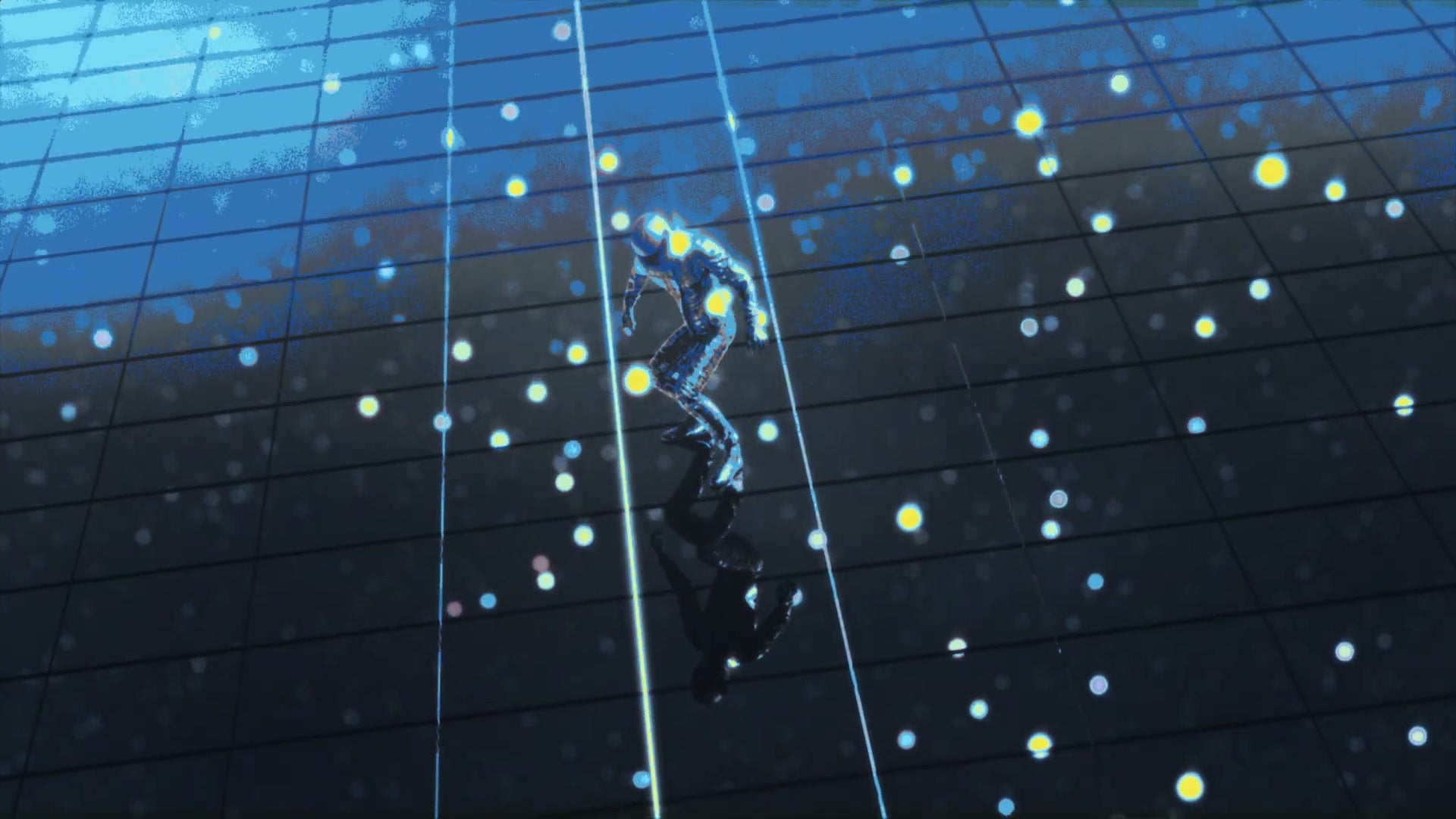 The figure stands on a lit grid floor