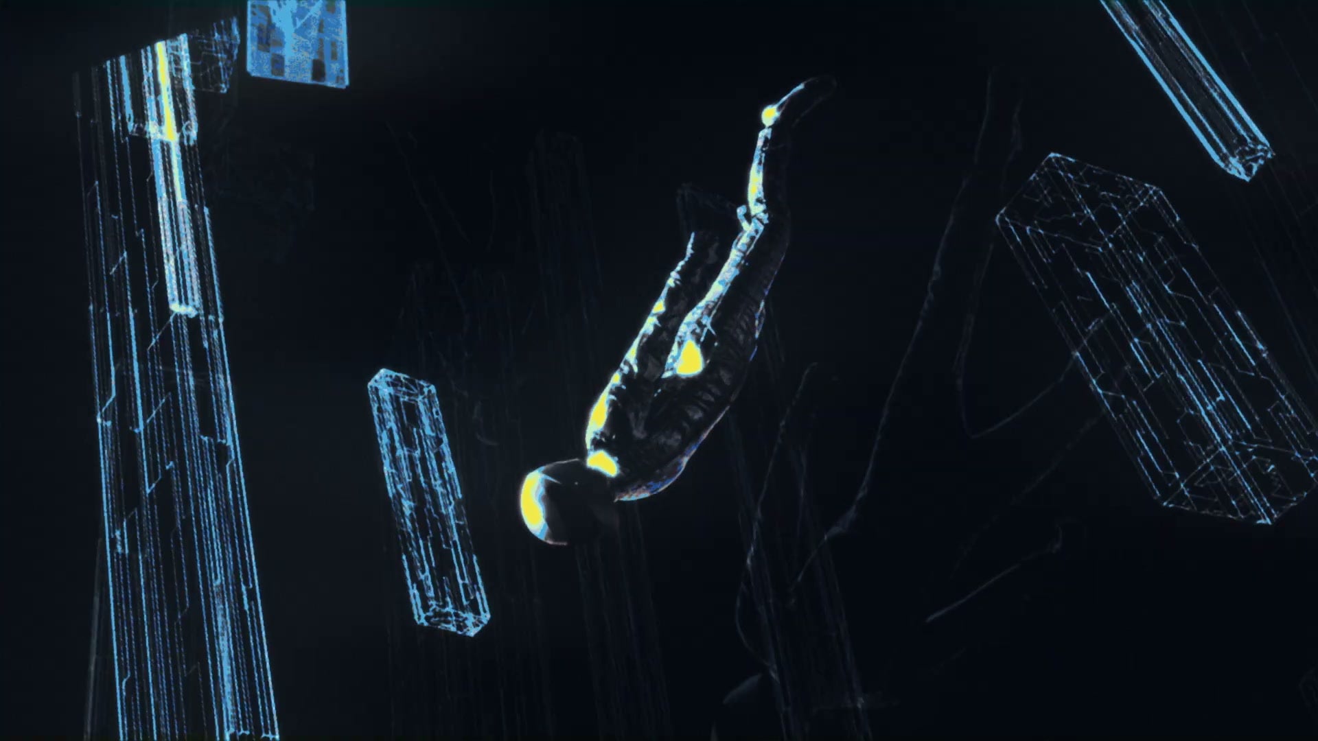 The figure among glowing tesseract columns