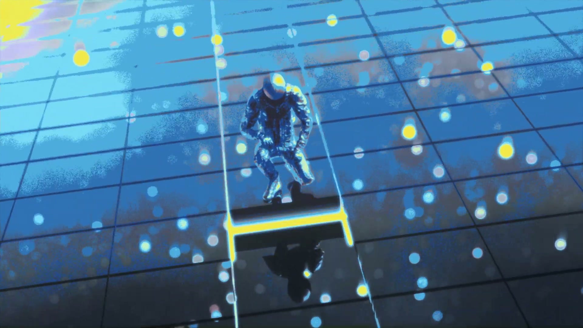 A floor tile drops away under the figure, glowing yellow
