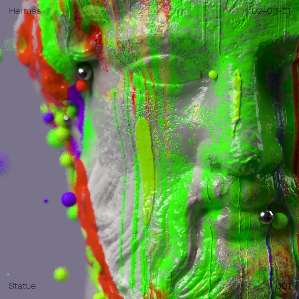Abstract green, silver, and red Hermes bust study