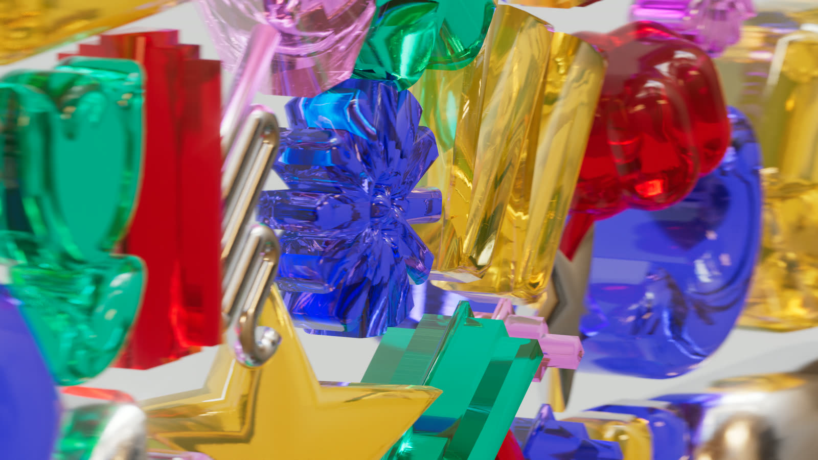 Tight field of candy glass: tulip, red block, blue flower and gold W