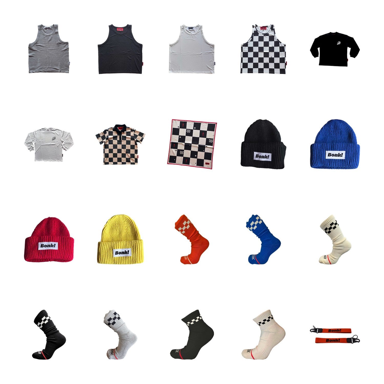 A grid of Bonk apparel and accessories