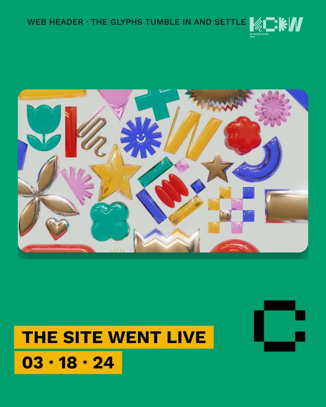 Carousel slide: the web header field in a card on a green field, chips reading The site went live 03·18·24