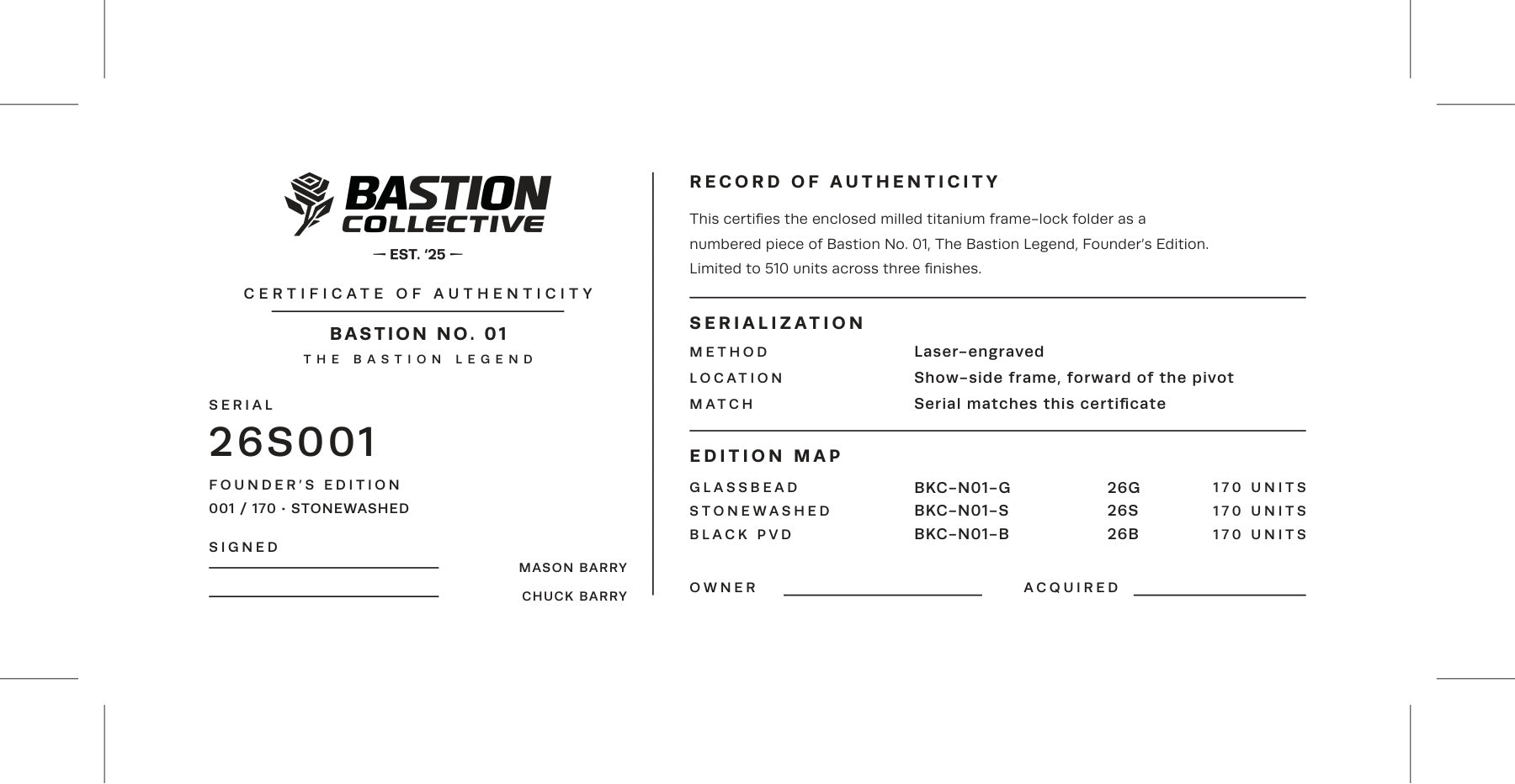 Serialized insert and warranty card.