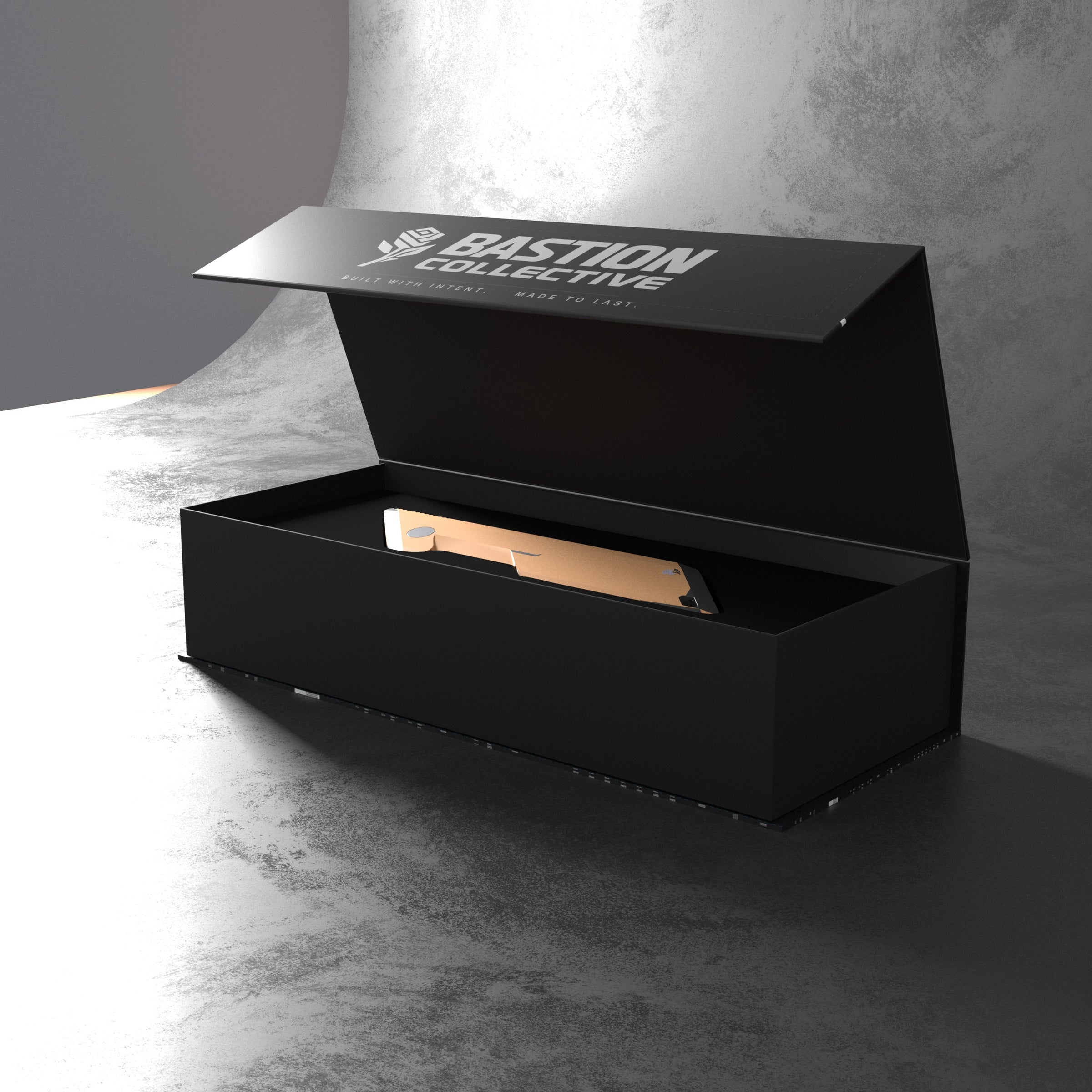 Bastion presentation box and No. 01, rendered as one product and packaging system
